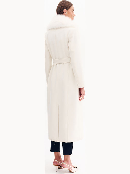 Women's Ecru Coat with Fur Details