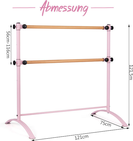 Costway Ροζ Φορητή Μπαλέτο Μπάρα 121x75x121,5 Cm Διπλές Ρυθμιζόμενες Ξύλινες Ράβδους Sp37862pi