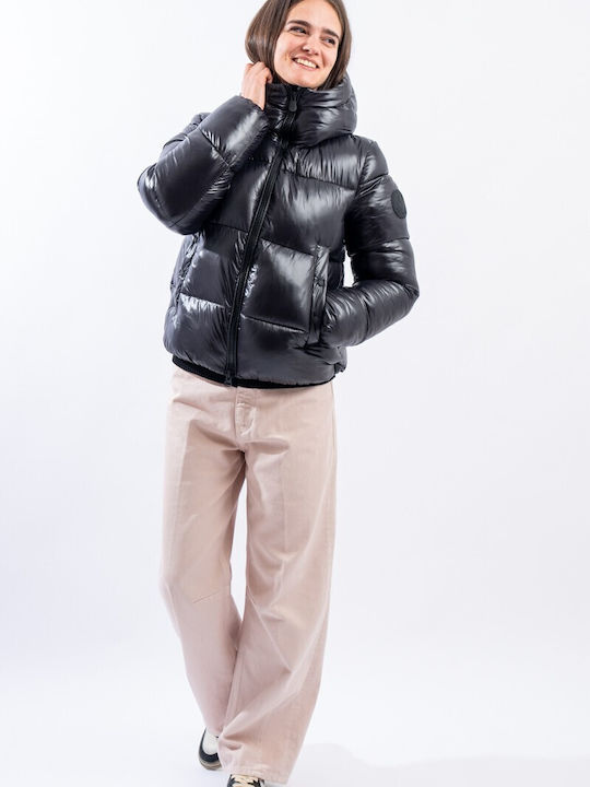 Women's Long Puffer Jacket Waterproof and Windproof for Winter with Hood Black