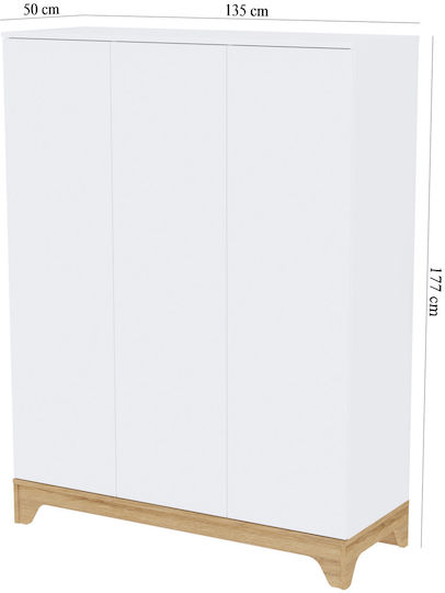 Τρίφυλλη Ντουλάπα Λευκή 135x50x177cm