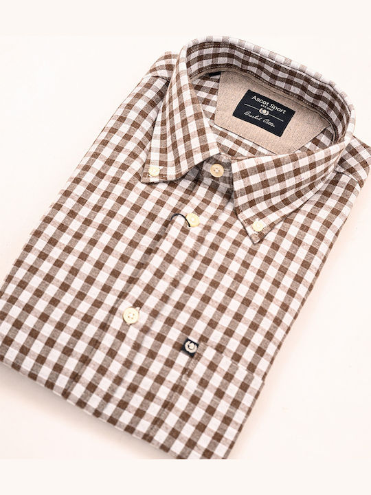 Long-sleeved Cotton Shirt Checked Brown