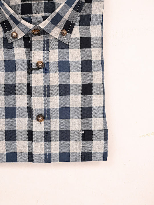Long-sleeved Cotton Shirt Checked Dark Blue