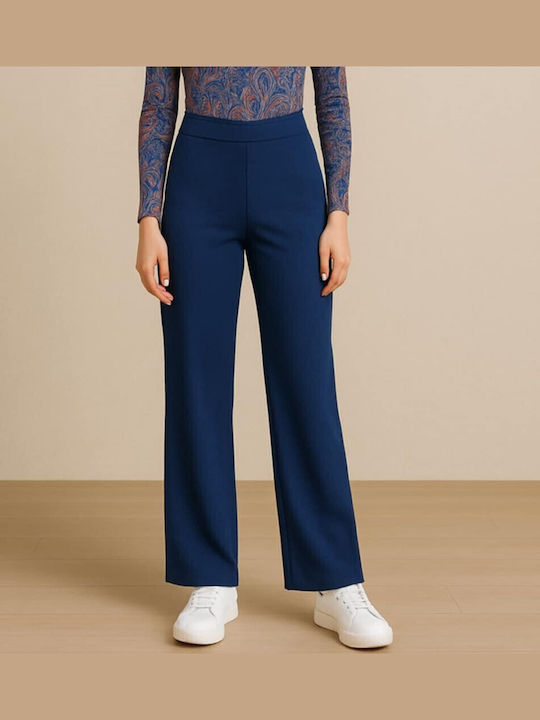 Damen Hoch tailliert Stoff Hose mit Gummizug Blue