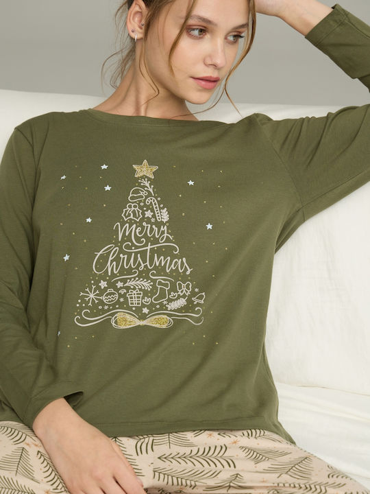Sexen Χειμερινό Γυναικείο Σετ Πιτζάμας Χακί Christmas