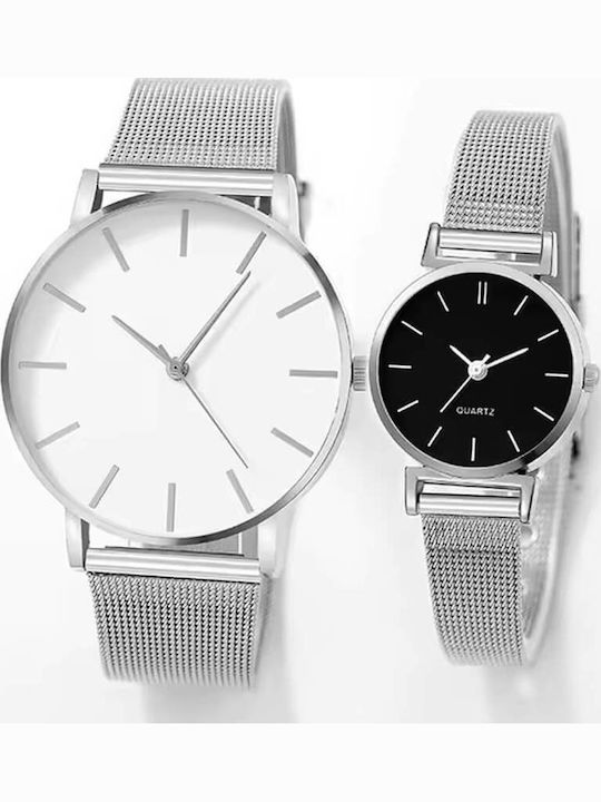 Set Womens Battery Watch With Silver Metal Bracelet