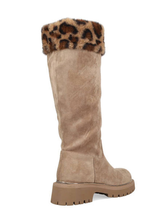 Suede Women's Boots with Zipper & Fur Beige