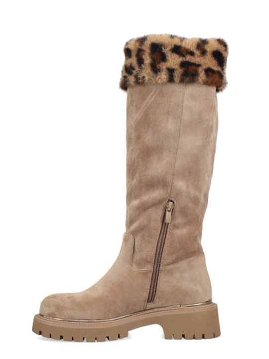 Suede Women's Boots with Zipper & Fur Beige