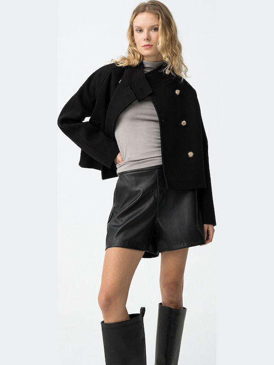 Women's Black Peacoat with Buttons