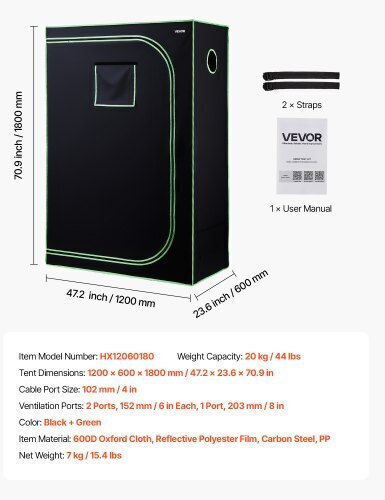 Vevor Indoor Grow Tent 120 x 60 x 180 Cm High Reflectivity Mylar Plant Grow Tent Observation Window Floor Tray Dlzpdlzp1206uk1oh001v0