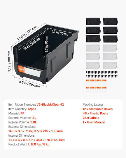 Vevor Plastic Stackable Storage Boxes 37.7 x 21.5 x 18 cm 12 Pack Plastic Containers Organization & Storage Boxes Garage Small Items Office Supplies Other Accessories Black & Transparent
