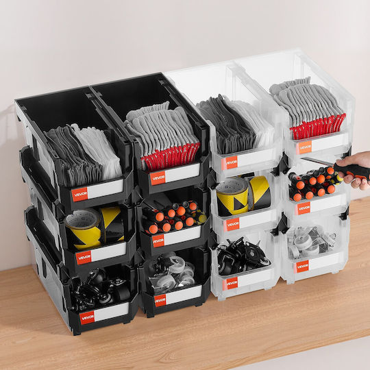 Vevor Plastic Stackable Storage Boxes 37.7 x 21.5 x 18 cm 12 Pack Plastic Containers Organization & Storage Boxes Garage Small Items Office Supplies Other Accessories Black & Transparent
