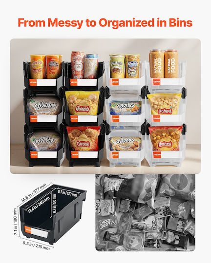 Vevor Plastic Stackable Storage Boxes 37.7 x 21.5 x 18 cm 12 Pack Plastic Containers Organization & Storage Boxes Garage Small Items Office Supplies Other Accessories Black & Transparent