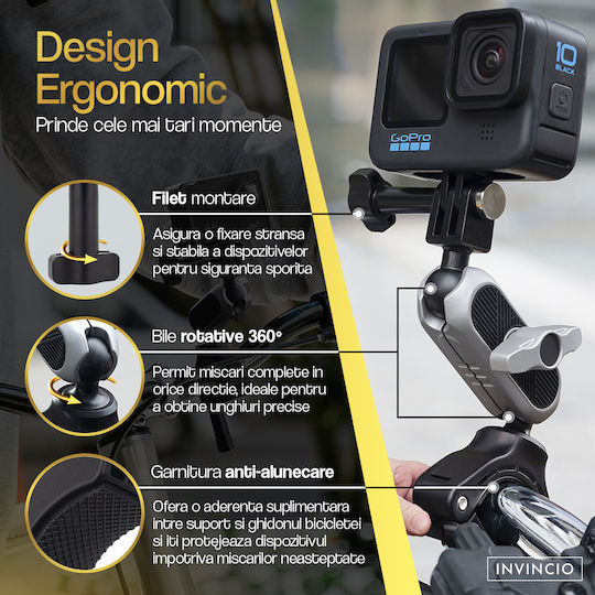 Invincio Ride Suport Reglabil Pentru Ghidon Telefoane Camere De Acțiune Articulații Duble Reglabil 360 Grade Diametru Bară 20-34mm Construcție Compactă Din Aluminiu Aerospațial Sistem Rapid De Montare Compatibilitate Universală Negru