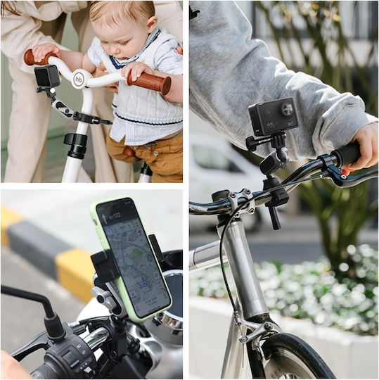 Invincio Ride Suport Reglabil Pentru Ghidon Telefoane Camere De Acțiune Articulații Duble Reglabil 360 Grade Diametru Bară 20-34mm Construcție Compactă Din Aluminiu Aerospațial Sistem Rapid De Montare Compatibilitate Universală Negru