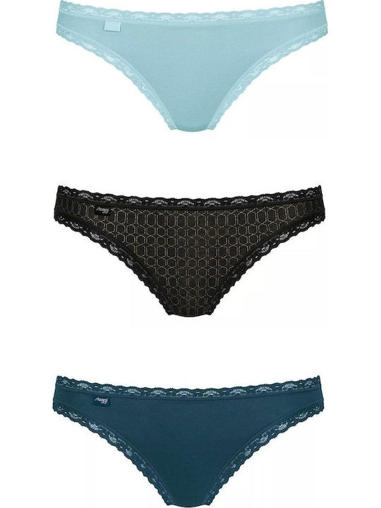 24/7 Weekend Tanga Βαμβακερά Women's Slip 3Pack with Lace Blue / Ciel / Black