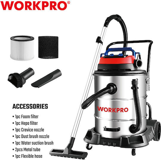 WorkPro Wp423008 Staubsauger Flüssigkeiten / Feststoffe 2400W mit Edelstahl Behälter 60Es
