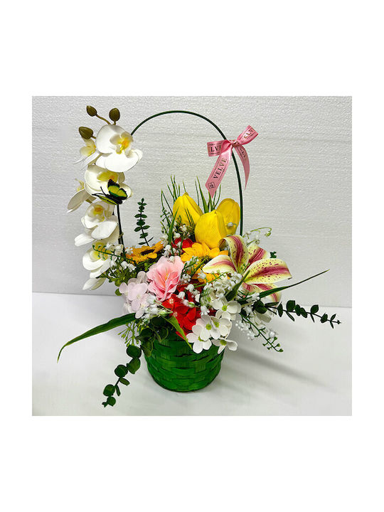 Coș Aniversar Colecție Florală Plante Verzi Orhidee Iris Handmade Lăcrămioare Lalele Floarea Soarelui Săpun Hortensii Într-Un Coș Verde Împletit