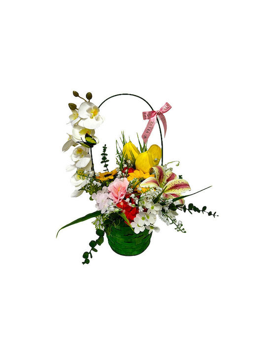 Coș Aniversar Colecție Florală Plante Verzi Orhidee Iris Handmade Lăcrămioare Lalele Floarea Soarelui Săpun Hortensii Într-Un Coș Verde Împletit