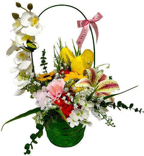 Anniversary Basket Floral Collection Green Plants Orchid Iris Handcrafted Lily Valley Tulips Sunflower Soap Hydrangeas In A Green Woven Basket