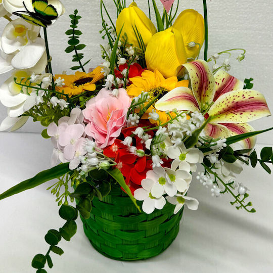 Anniversary Basket Floral Collection Green Plants Orchid Iris Handcrafted Lily Valley Tulips Sunflower Soap Hydrangeas In A Green Woven Basket