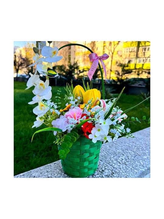 Coș Aniversar Colecție Florală Plante Verzi Orhidee Iris Handmade Lăcrămioare Lalele Floarea Soarelui Săpun Hortensii Într-Un Coș Verde Împletit