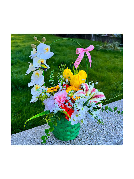 Coș Aniversar Colecție Florală Plante Verzi Orhidee Iris Handmade Lăcrămioare Lalele Floarea Soarelui Săpun Hortensii Într-Un Coș Verde Împletit