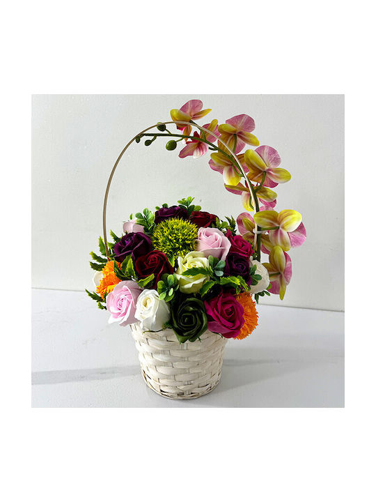 Coș Aniversar Colecție Florală Orhidee Plante Artizanale Săpun Trandafiri Crizanteme Decorate Cristal Fundiță Roz