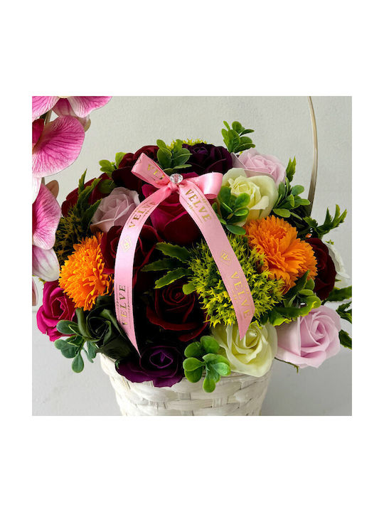 Coș Aniversar Colecție Florală Orhidee Plante Artizanale Săpun Trandafiri Crizanteme Decorate Cristal Fundiță Roz