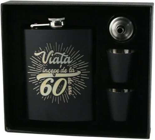 Flask Set "life Begins At 60" Funnel Two Glasses Black