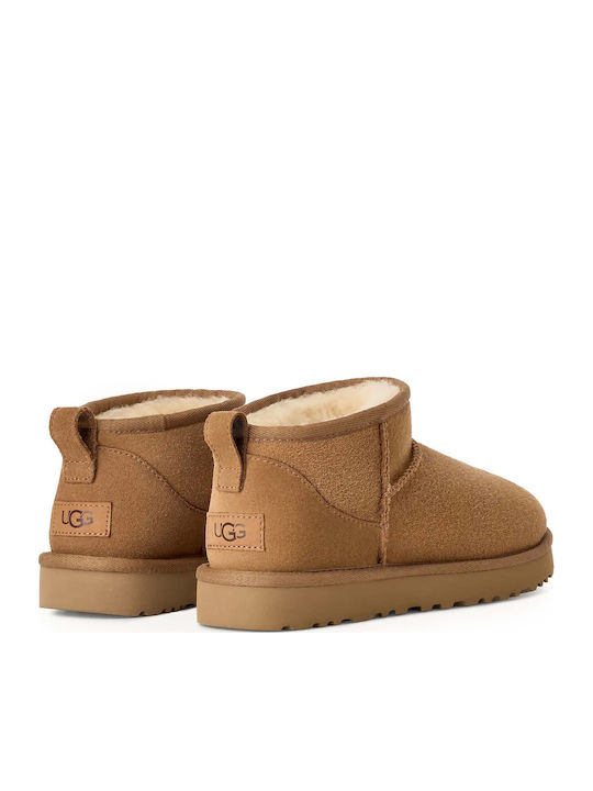 Classic Ultra Mini Leather Women's Ankle Boots with Fur Chestnut