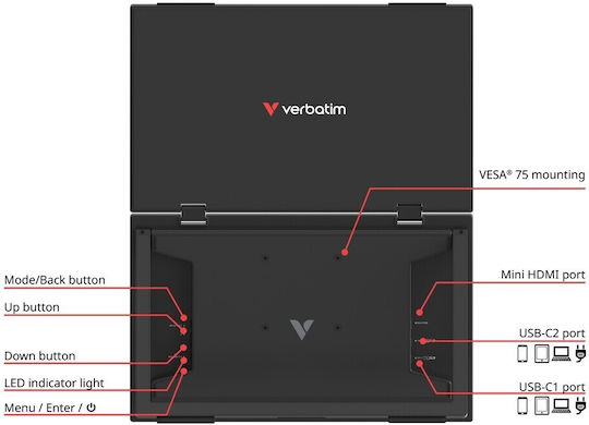 Verbatim B51261461 IPS HDR Portable Monitor 15.6" FHD 1920x1200 with Response Time 10ms GTG