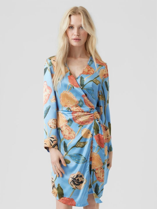 Renee Noa Summer Mini Evening Dress Satin Wrap Light Blue