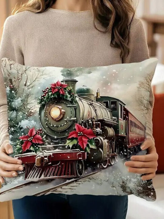 By Queen Limited Edition Christmas Decorative Pillowcase Velvet Vintage Train & Poinsettia 45x45cm