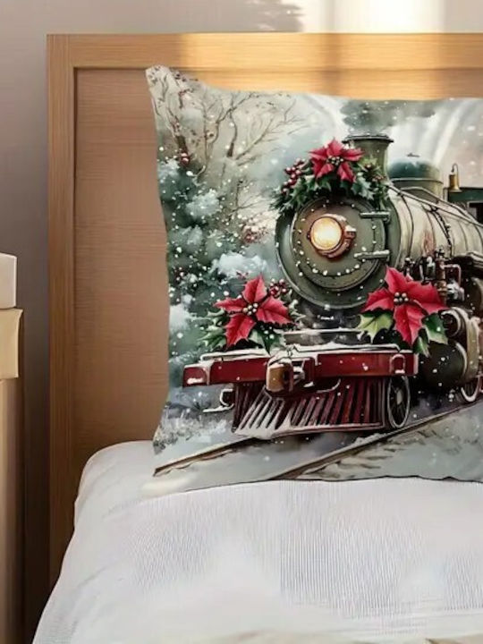 By Queen Limited Edition Christmas Decorative Pillowcase Velvet Vintage Train & Poinsettia 45x45cm