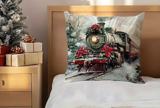 Queen Limited Edition Weihnachtsdekorative Kissen Μαξιλαροθήκη Χριστουγεννιάτικη Velvet Vintage Τρένο & Ποϊνσέτια 45x45εκ