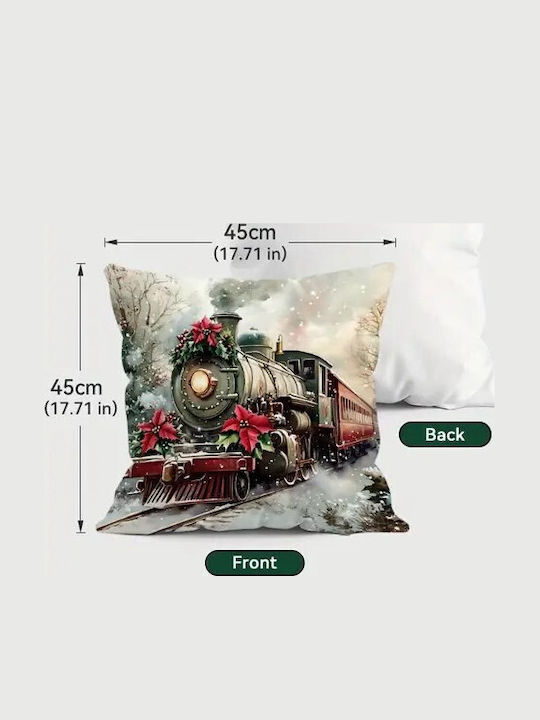 By Queen Limited Edition Christmas Decorative Pillowcase Velvet Vintage Train & Poinsettia 45x45cm