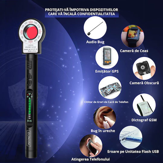Invincio Detector Portabil Microfon Cameră Spion 12 Niveluri De Detectare Indicator Led Sunet Detectează Gps Gsm Localizatoare Dispozitive De Ascultare Alte Surse Ascunse Frecvențe 100 Micro Hz-8 Ghz Negru Mat