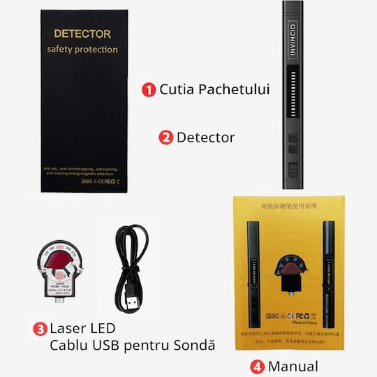 Invincio Cameră de Supraveghere cu Microfon Detector Portabil 12 Niveluri de Detecție Indicator Sonor Led Detectează Localizatoare Gps Gsm Înregistratoare Voci Alte Surse Ascunse Frecvențe 100 Micro Hz-8 Ghz Negru