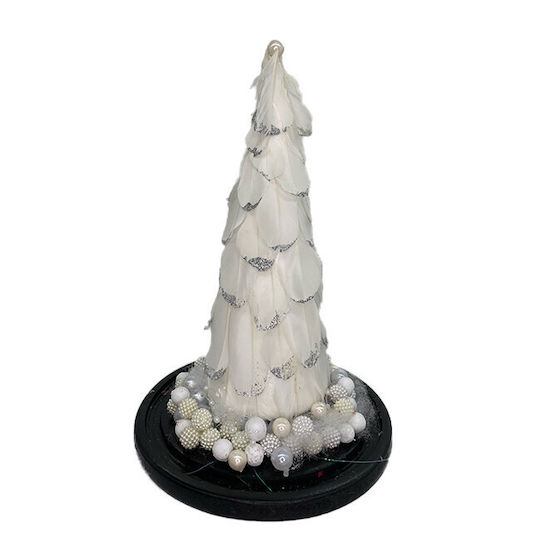 Christmas Decoration Small Christmas Tree Decorated White Silver Feathers In Glass Dome Ø 18 Cm X 32 H White