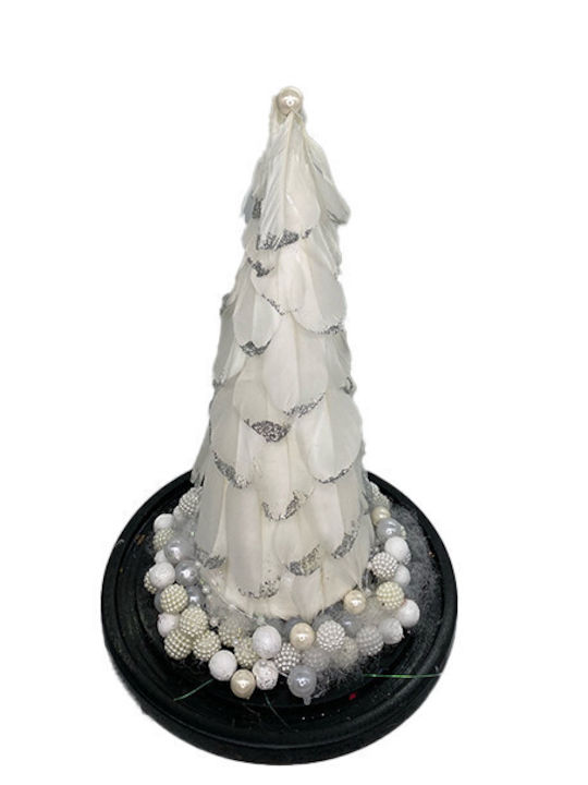 Decoratiune De Crăciun Arbore De Crăciun Mic Împodobit Alb Argintiu Pene În Cupolă De Sticlă Ø 18 Cm X 32 Înălțime Alb