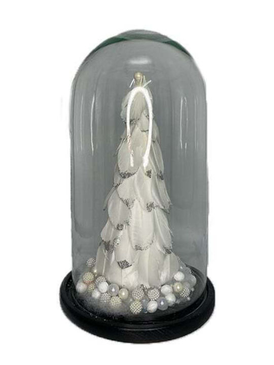 Decoratiune De Crăciun Arbore De Crăciun Mic Împodobit Alb Argintiu Pene În Cupolă De Sticlă Ø 18 Cm X 32 Înălțime Alb
