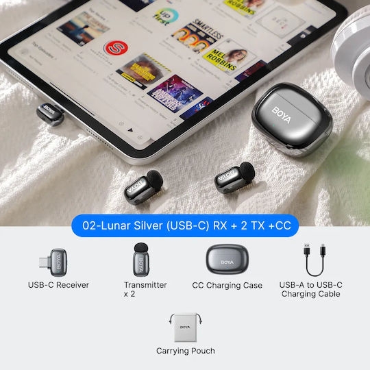 Boya Mini 2 Type-C Комплект Безжично Δυναμικό Микрофон Πέτου, Clip On Журналистически в Gray Цвят Космическо сиво