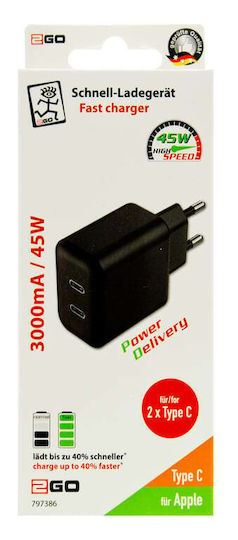 2GO Încărcător Fără Cablu cu 2 Porturi USB-C Negruς (797386)