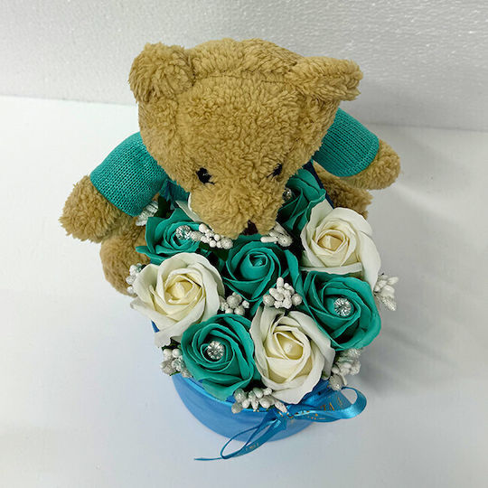 Floral Arrangement Beige Blue Teddy Bear 9 Soap Roses In A Blue Velvet Round Box Floral Arrangement Beige Blue Teddy Bear 9 Soap Roses In A Blue Velvet Round Box