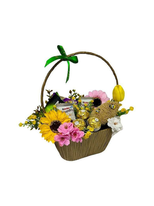 Coș Delice Praline Ferrero Rocher Joe Motto Wafer Kinder Country Bare Ciocolată Flori Artificiale Decorative Maro