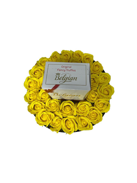 Aranjament Floral În Cutie Rotundă Trandafiri Săpun Trufe Belgiene Flori Uscate Parfumate Galbene