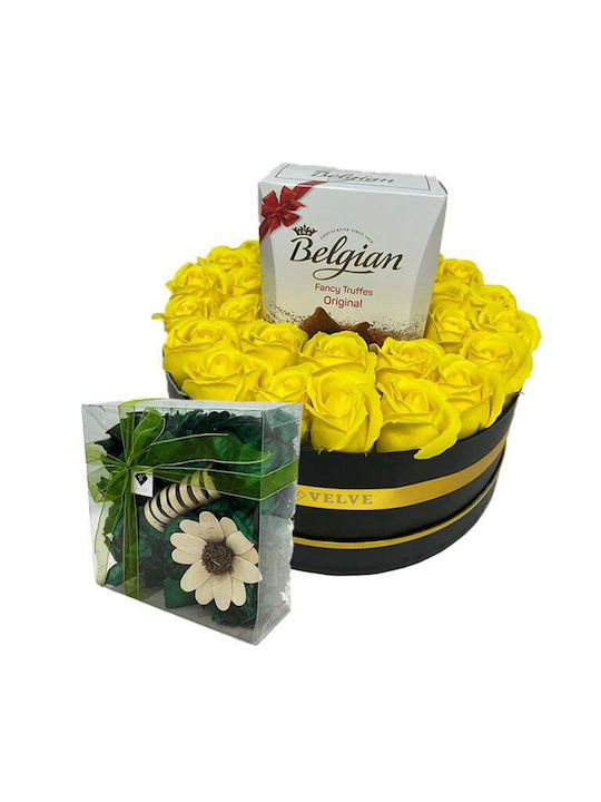 Aranjament Floral În Cutie Rotundă Trandafiri Săpun Trufe Belgiene Flori Uscate Parfumate Galbene