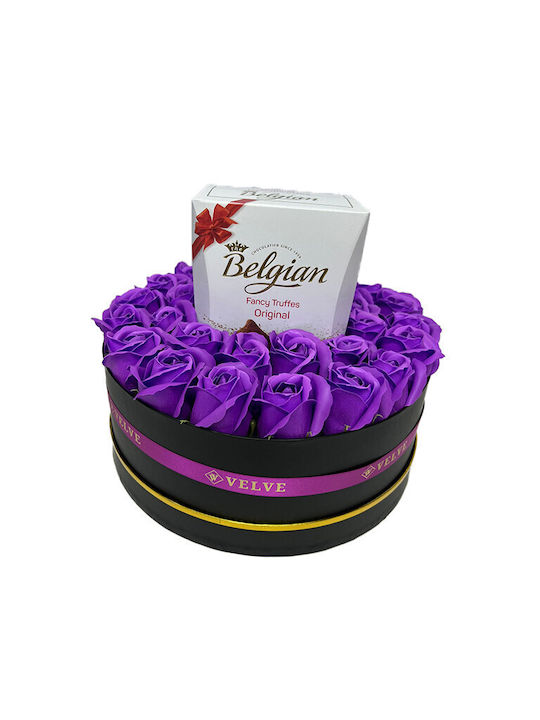 Aranjament Floral În Cutie Rotundă Trandafiri Săpun Ciocolată Belgiană Flori Uscate Parfumate Mov