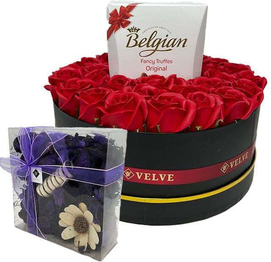 Blumengesteck In Einer Rundbox Seifenrosen Belgische Trüffel Duftgetrocknete Blumen Rote