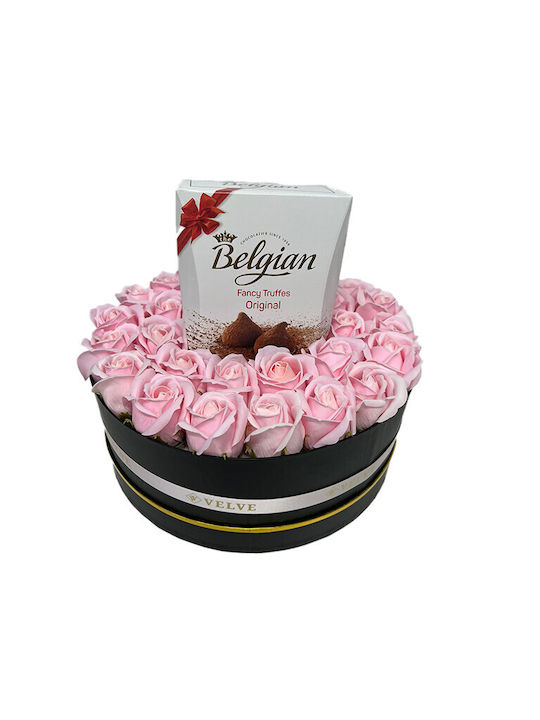 Aranjament Floral În Cutie Rotundă Trandafiri Săpun Trufe Belgiene Flori Uscate Parfumate Roz